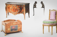 Chaise royale, époque Louis XVI, pour le boudoir de Marie-Antoinette à Versailles, Commode d'époque Louis XV, vers 1750, estampillée BVRB- Bronzes, Singe I et Singe II, de François-Xavier Lalanne, Boîte à lettre, époque Charles X, vers 1830. (© Sotheby's)